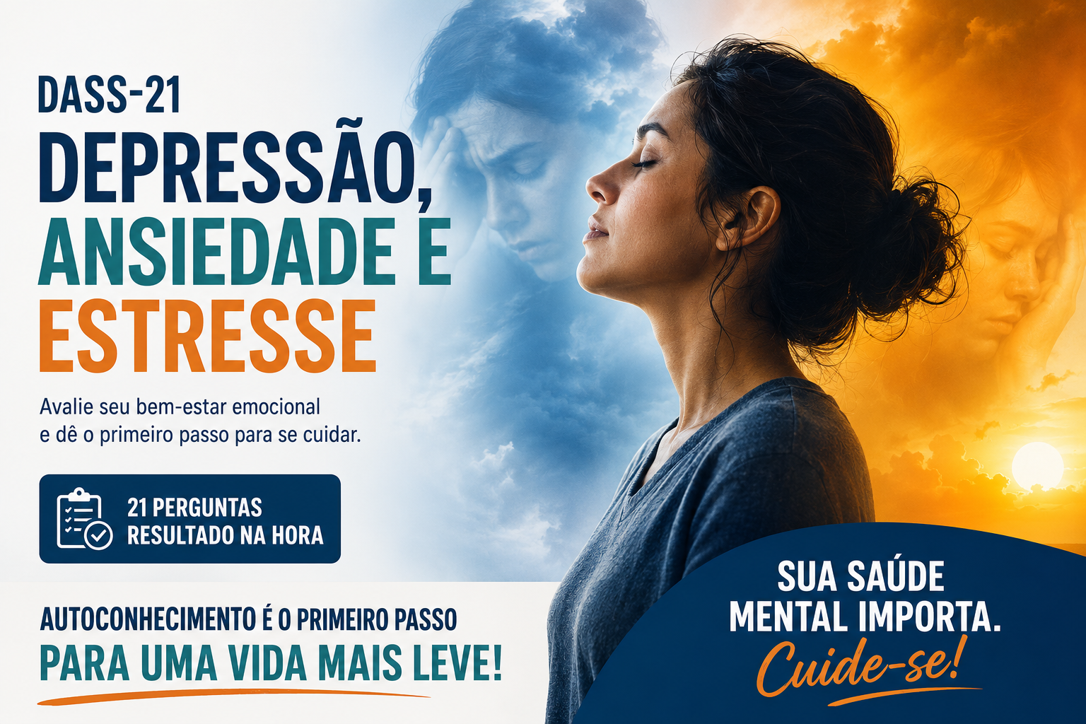 Avalie sintomas de depressão, ansiedade e estresse com a escala DASS-21. O teste possui 21 perguntas, apresenta resultado imediato e funciona como instrumento de triagem, sem substituir uma avaliação psicológica profissional.