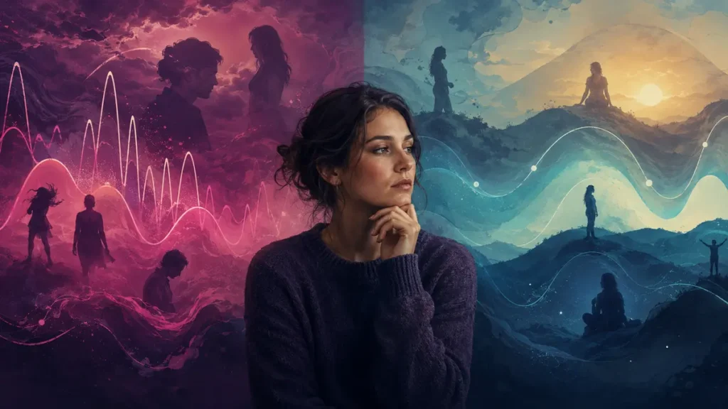 Mulher refletindo entre oscilações emocionais, representando as diferenças entre borderline e bipolaridade