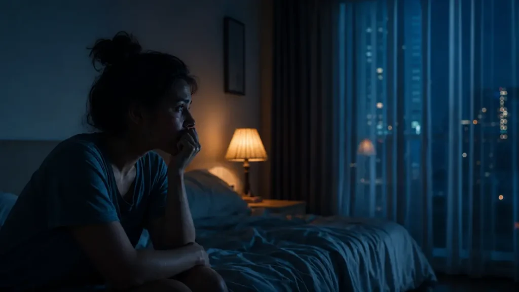 Pessoa acordada à noite com dificuldade para dormir, representando insônia e ansiedade