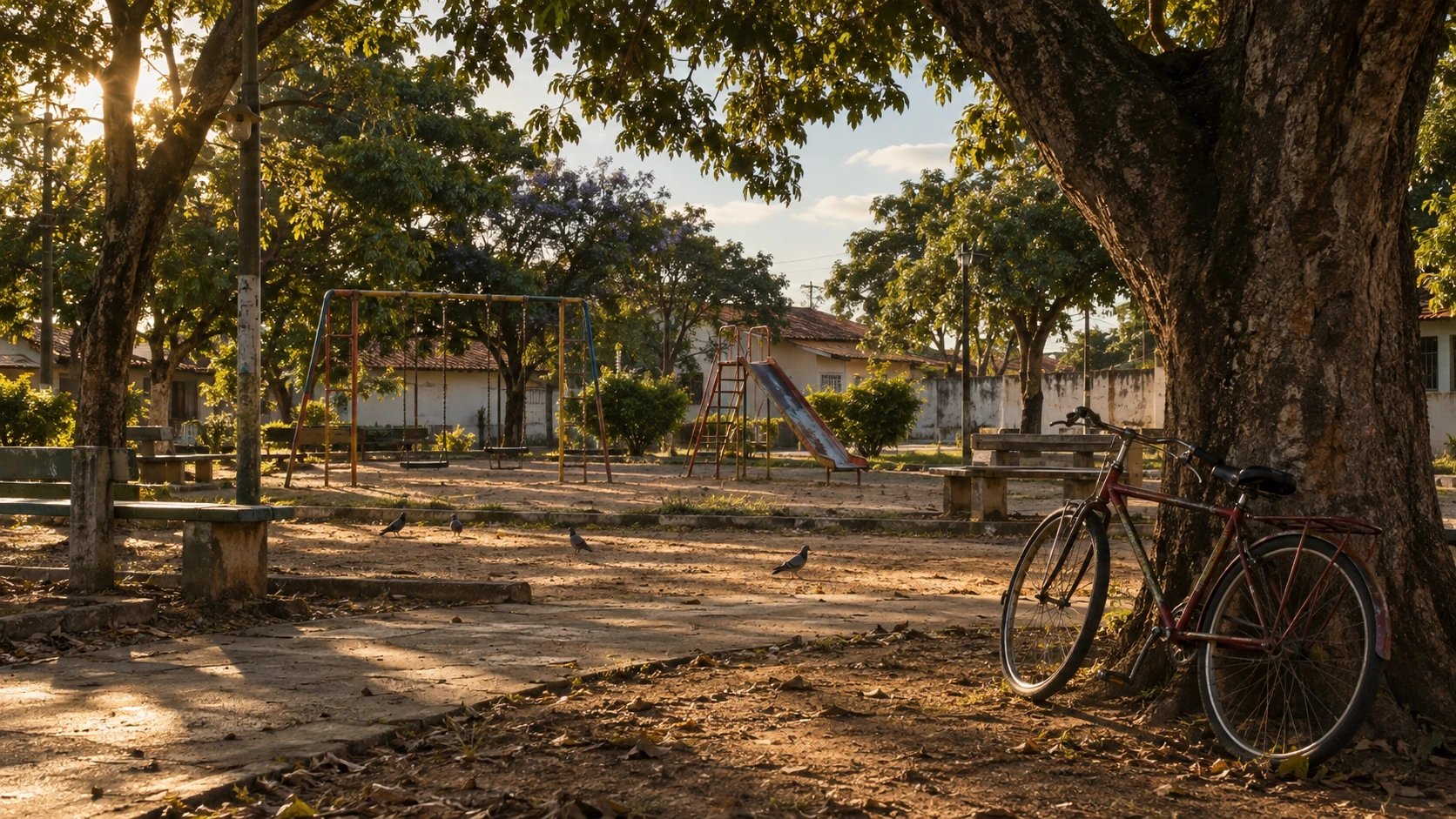 Praça tranquila com bancos, brinquedos antigos, pombas e uma bicicleta encostada em uma árvore ao fim da tarde.