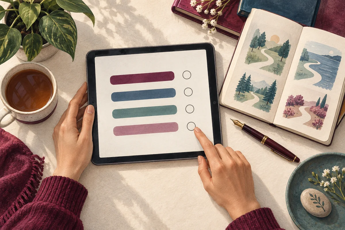 Ilustração de um questionário em um tablet e quatro caminhos em um caderno