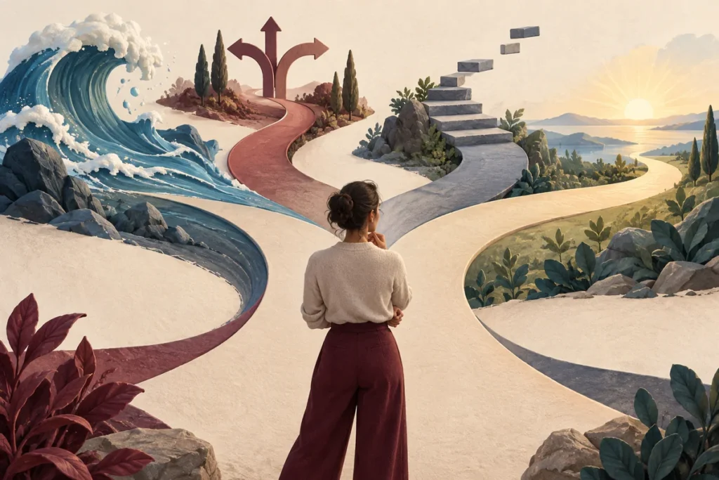 Ilustração de uma pessoa diante de quatro caminhos, representando os tipos de impulsividade