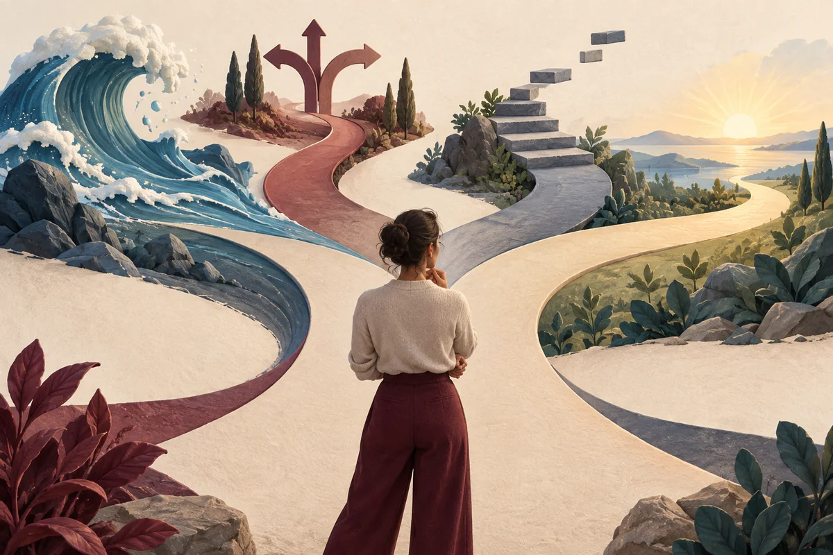 Ilustração de uma pessoa diante de quatro caminhos, representando os tipos de impulsividade